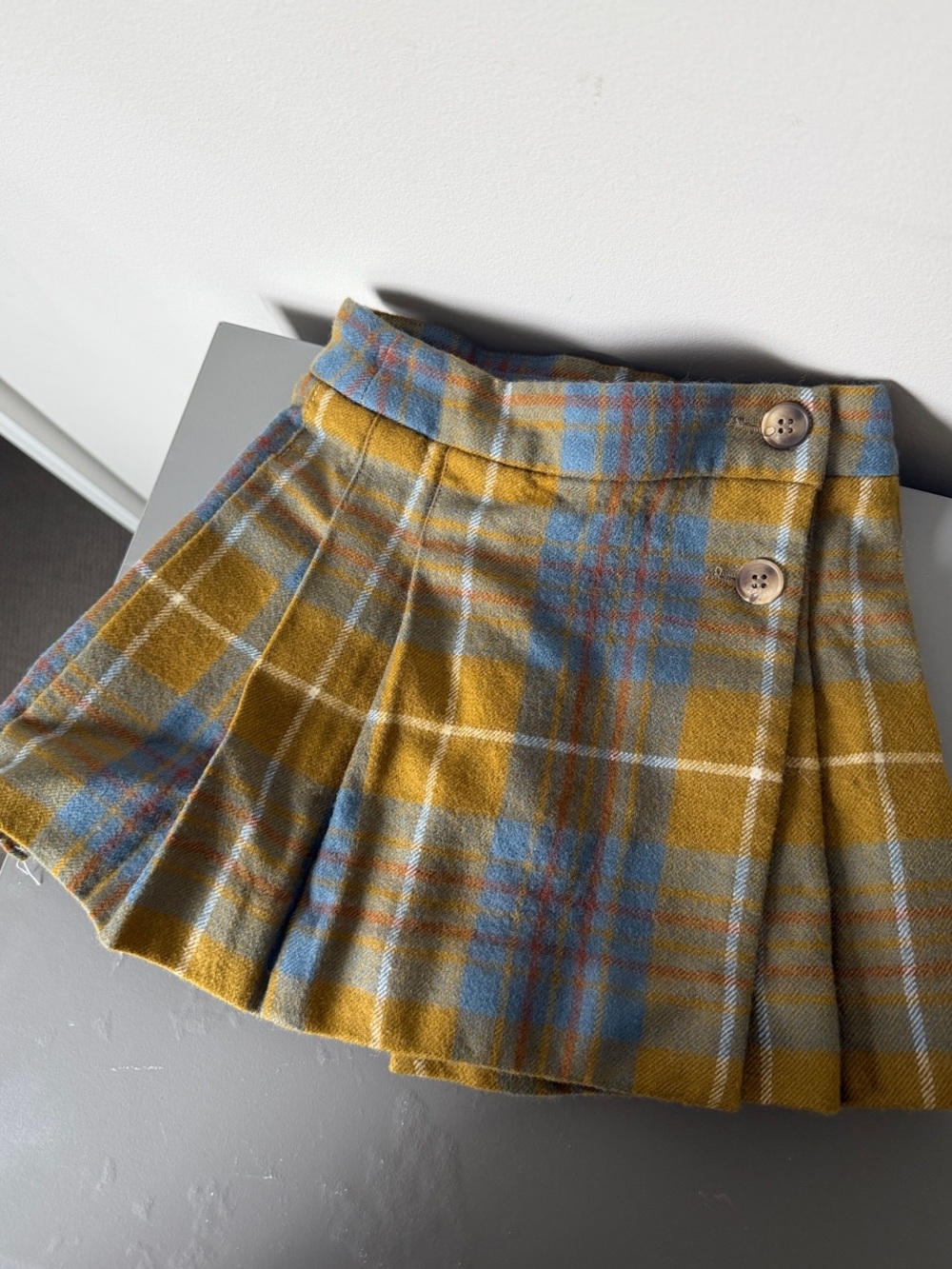 Bonpoint Mustard and Blue Plaid Pleated Mini Skirt